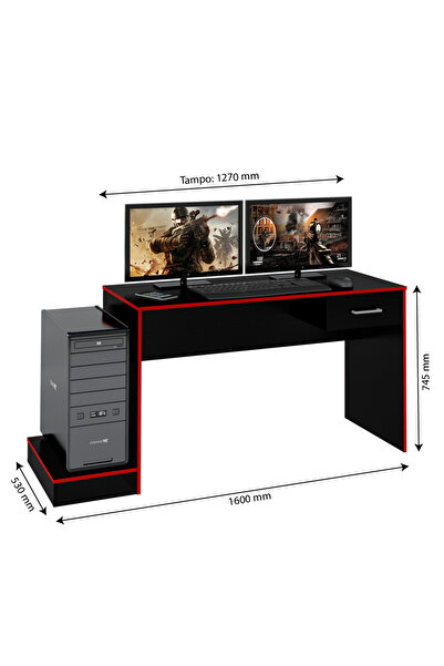 ARTLY Gaming table for living rooms, home and games with drawer and side shelf, black with red color, 160*55.5*74.5