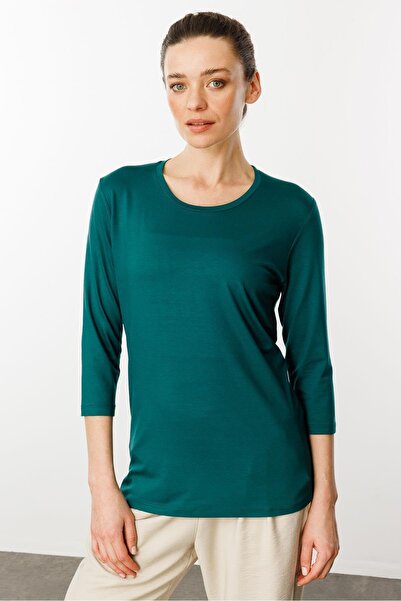 Desen Triko Γυναικεία Πράσινη Μπλούζα με λαιμόκοψη από χτενισμένο βαμβάκι