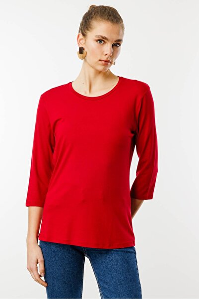 Desen Triko Women's Crew Neck Plain Combed Cotton Blouse Red