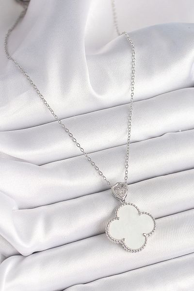 Skygo 316L Steel Silver Color Chain Zircon Stone Detailed White Clover Model Women's Necklace - Tj-Bko9894