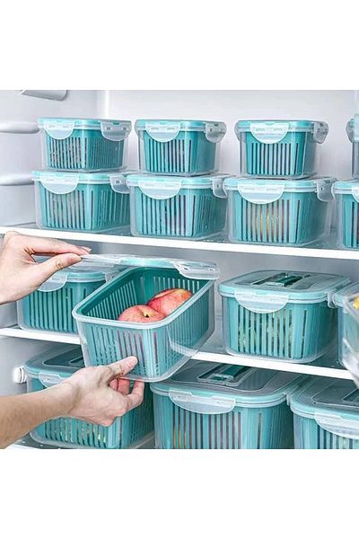 COOYA 5 Pack Fruit Storage Containers, With Drain Colander,Refrigerator Organizer for Fridge, Blue