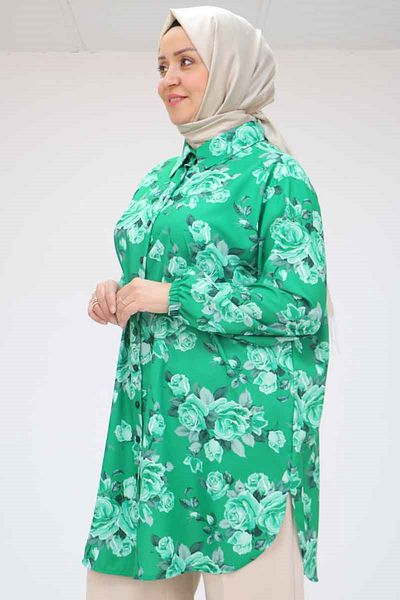 Eslina 58052 Large Size Men's Collared Jesica Shirt Tunic - Rose Pattern Beneton