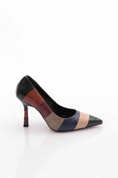 DGN Pantofi cu toc înalt pentru femei, cu vârf ascuțit, decoltat, culoare șarpe negru 2361842859