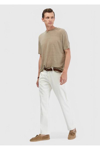 Ramsey Ecru Plain Woven Regular Fit Casual Cotton Blended Trousers