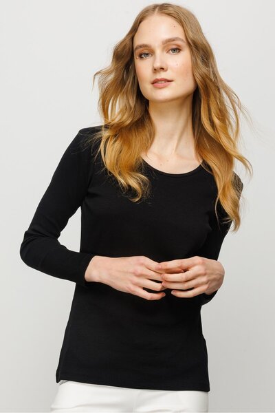 Desen Triko Γυναικεία μακρυμάνικη βασική βαμβακερή μπλούζα με λαιμόκοψη μαύρη