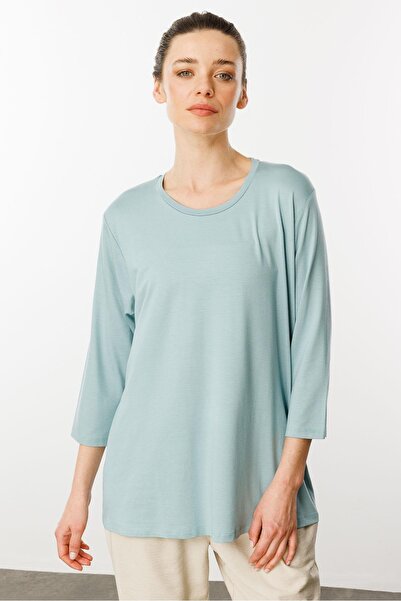 Desen Triko Γυναικεία μπλούζα με λαιμόκοψη μονόχρωμη χτενισμένη βαμβακερή