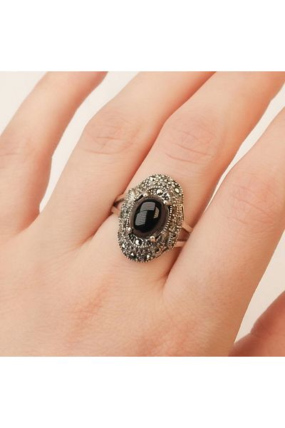 Skygo Silver Oval Model Oltu Stone Eyebrow Women's Ring
