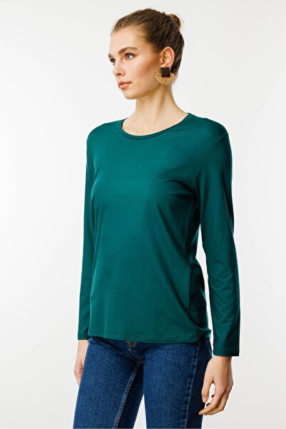 Desen Triko Γυναικεία μπλούζα με λαιμόκοψη Basic χτενισμένη βαμβακερή πράσινη