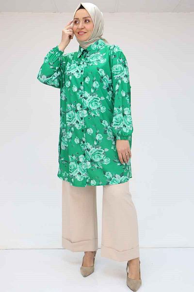 Eslina 58052 Large Size Men's Collared Jesica Shirt Tunic - Rose Pattern Beneton