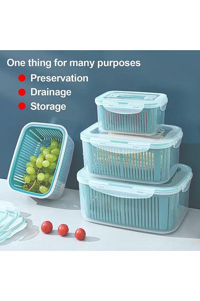 COOYA 5 Pack Fruit Storage Containers, With Drain Colander,Refrigerator Organizer for Fridge, Blue