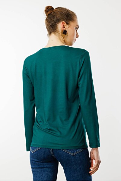 Desen Triko Γυναικεία μπλούζα με λαιμόκοψη Basic χτενισμένη βαμβακερή πράσινη