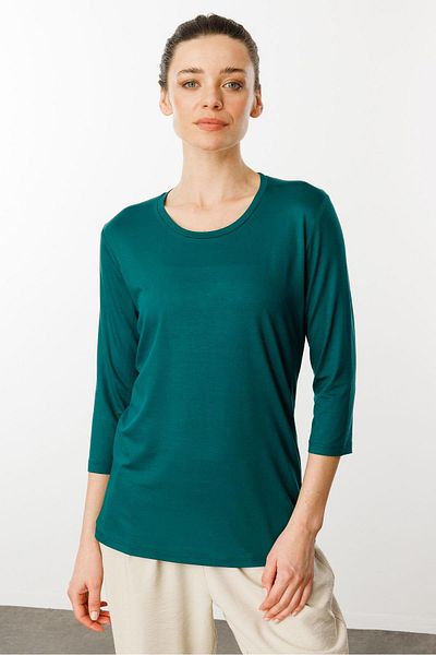 Desen Triko Bluză de damă, verde, din bumbac pieptănat, cu decolteu rotund