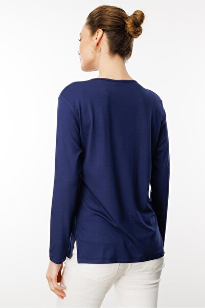 Desen Triko Жіноча вишита блуза з довгими рукавами з трикотажу, темно-синя