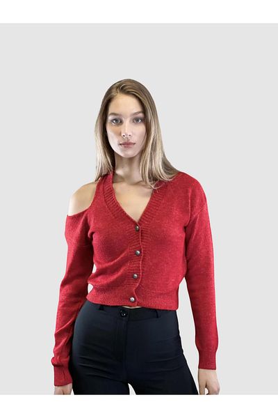 So Sweet Red V-Neck Women's Knitted Cardigan with Shoulder and Window Detail