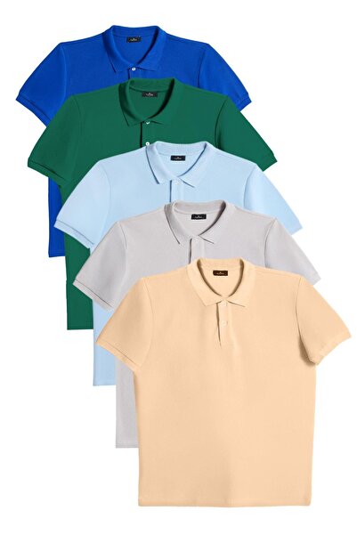 Tudors Erkek 5li Paket Saks Mavi-Zümrüt Yeşili-Mavi-Gri-Kum Beji Slim Fit Pam...