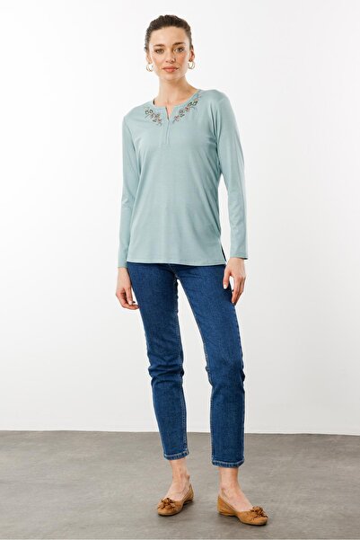 Desen Triko Γυναικείο Κέντημα Κεντημένο Μακρυμάνικο Βαμβακερή Μπλούζα M.green