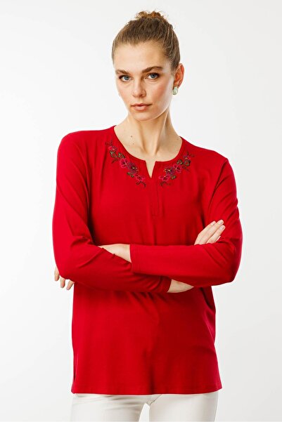 Desen Triko Жіноча вишита блуза з довгими рукавами з трикотажу, червона