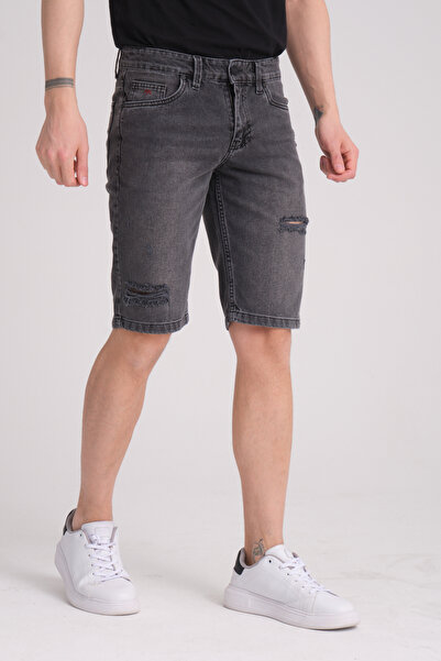 muzzo jeans Σορτς τζιν από 100% βαμβακερό σκούρο γκρι με λεπτομέρειες