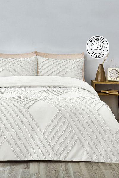 Evlen Home Collection Set lenjerie de pat din bumbac în relief 2 buc alb