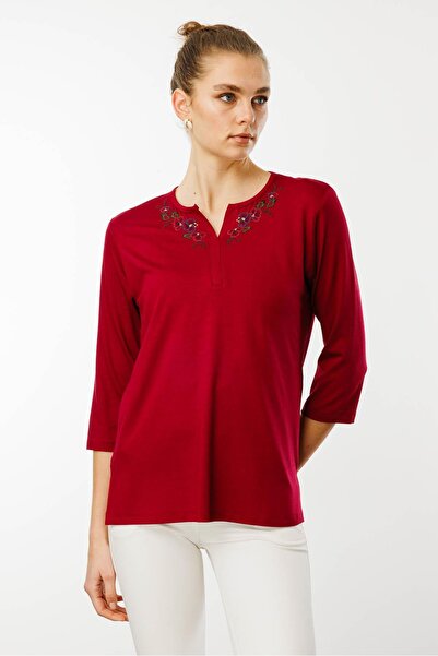 Desen Triko Γυναικεία μπλούζα Cherry Κέντημα Κεντημένο ανοιχτό γιακά