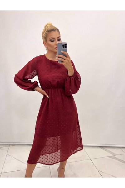 modaserdem Women's Long Sleeve Lining Detail Deal Product Pompom Chiffon Dress