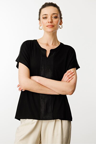 Desen Triko Γυναικεία μπλούζα με ανοιχτό γιακά μπροστά με λουράκι από βαμβακερή βαμβακερή μαύρη