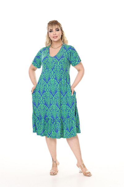 mami butik Large Size V-Neck Short Sleeve Robe Skirt Gathered Madi Size Viscose Combed Cotton Stylish Comfortable Dress