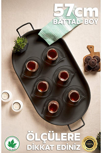 linmetal Lotus 57 cm Elips Metal Tepsi, Kendinden Desenli Çay Tepsisi, Sunum Tepsisi,Tel Kulplu Kahve Tepsisi