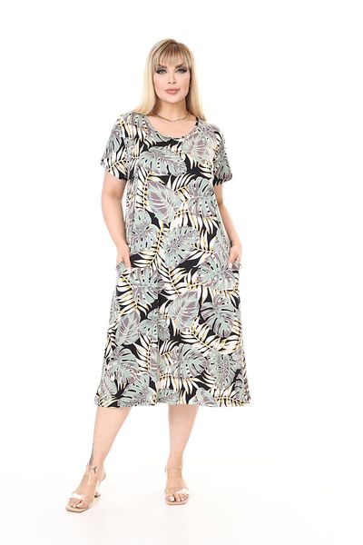 mami butik Plus Size Short Sleeve Above Knee Double Pocket Standard Size Stylish Comfortable Viscose Combed Cotton Dress