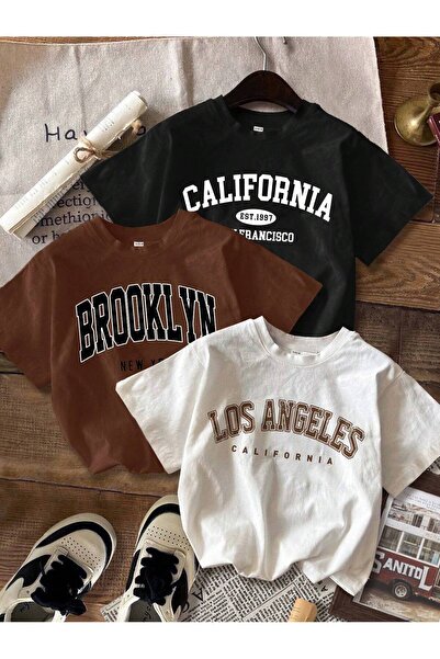 GLOWES Çocuk Unisex 3'lü Paket Los Angeles 3'lü Baskı Baskılı Oversize Tshirt
