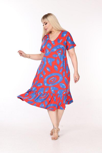mami butik Large Size V-Neck Short Sleeve Robe Skirt Gathered Madi Size Viscose Combed Cotton Stylish Comfortable Dress