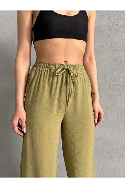 BEJNA Women's Oil Green Soft Modal Containing Elastic Waist Palazzo Trousers