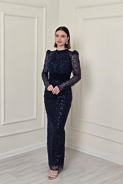 Yonca Moda Evi Lacivert Belden Drapeli İnci İşlemeli Abiye 4715