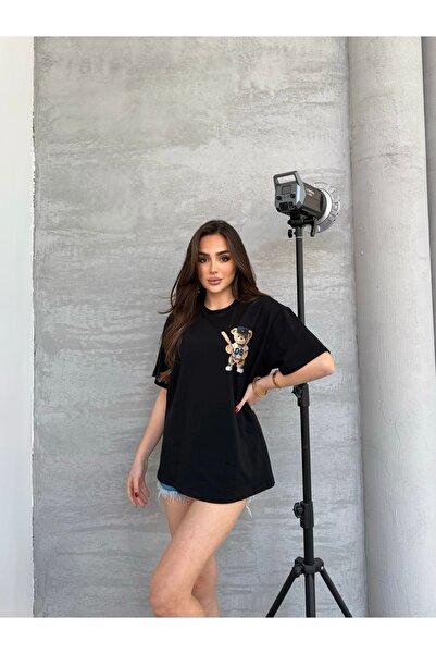 LOISY Kadın Bisiklet Yaka Kısa Kollu Oversize Tshirt