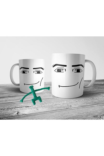 Pixxa Roblox Man Face Mug Cup Model 5 and Green Rainbow Companion Figure Set