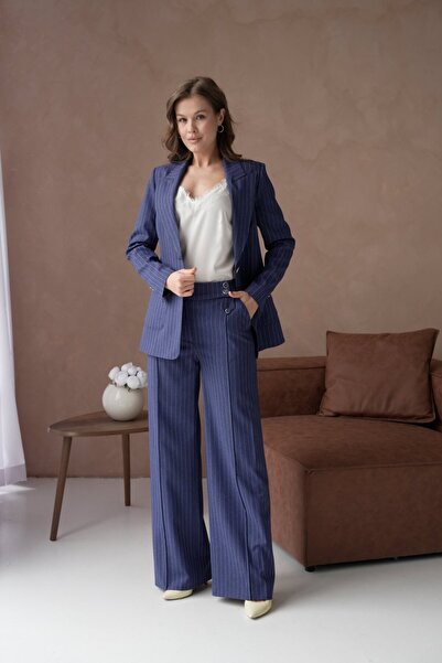 nodilife Çizgili Desenli Cepli Kadın Takım Elbise Lacivert