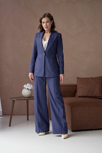 nodilife Çizgili Desenli Cepli Kadın Takım Elbise Lacivert