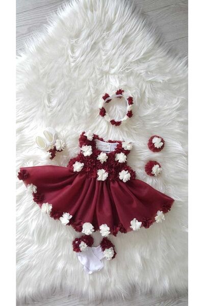 GOLD TEKSTİL Çicekli Bebek Elbise Mevlit Takımı Özel Gün Abiye