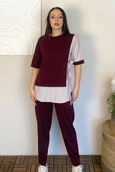 Ded COLLECTION Set modal cu mâneci scurte pentru femei - Detaliu cămașă cu cravată, topuri și pantaloni