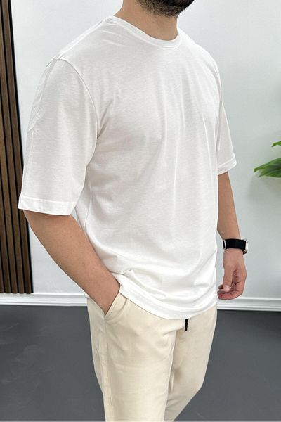 Edwox Men's Oversize Cotton Basic T-Shirt Ecru Edw089