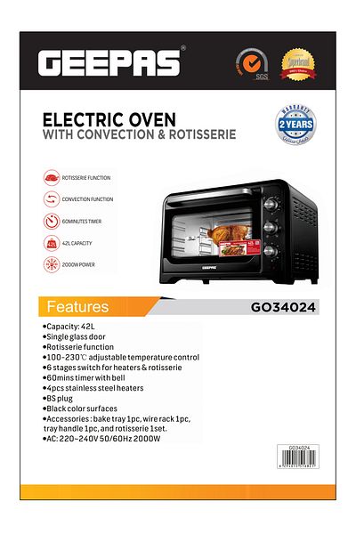 Geepas 42L Electric Kitchen Oven - Powerful with Crumb Tray 2000 W