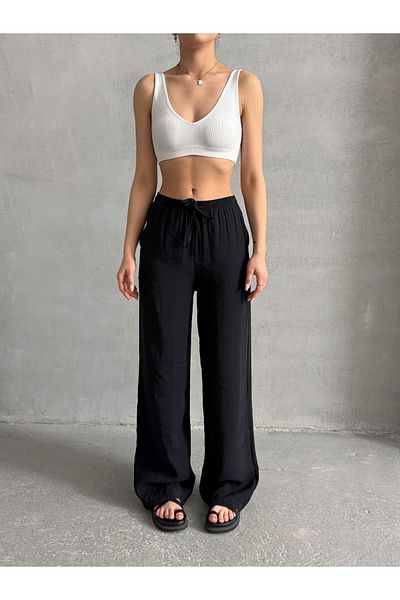 BEJNA Women's Black Soft Modal Containing Elastic Waist Palazzo Trousers