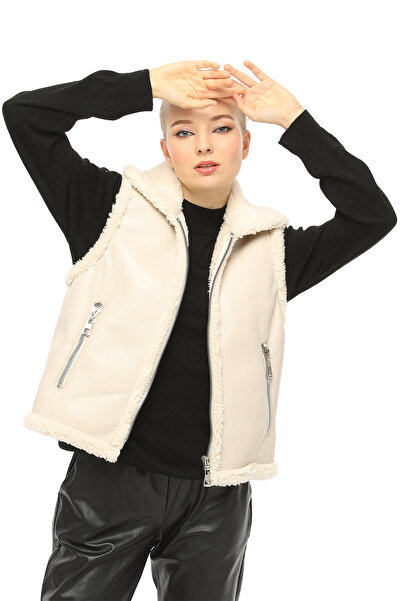 inos Suni Deri Kürklü Fermuarlı Krem Kadın Yelek