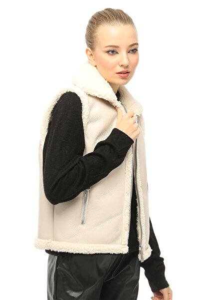 inos Suni Deri Kürklü Fermuarlı Krem Kadın Yelek