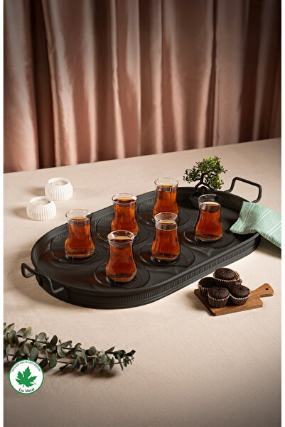 linmetal Lotus 57 cm Elips Metal Tepsi, Kendinden Desenli Çay Tepsisi, Sunum Tepsisi,Tel Kulplu Kahve Tepsisi