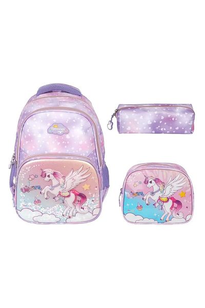 ERA Set de 3 figurine și paiete pentru fete - Rucsac pentru școală primară în relief cu prânz și suport pentru stilou RLX1370