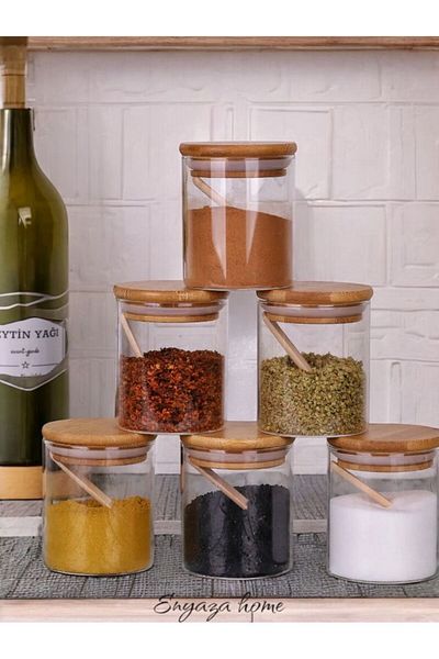 ENYAZA(2024) Bamboo Silicone Lid 6-Piece Borosilicate Glass Spice Rack - 250 ml Spice Set 18 Pieces