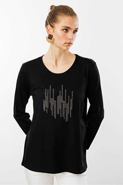 Desen Triko Γυναικεία μπλούζα με στάμπα μαύρης πέτρας με λαιμόκοψη