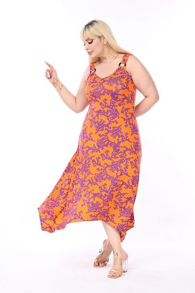 mami butik Plus Size Summer Sling Asymmetrical Skirt Cut Combed Cotton Dress