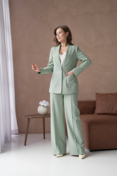 nodilife Çizgili Desenli Cepli Kadın Takım Elbise Mint Yeşili